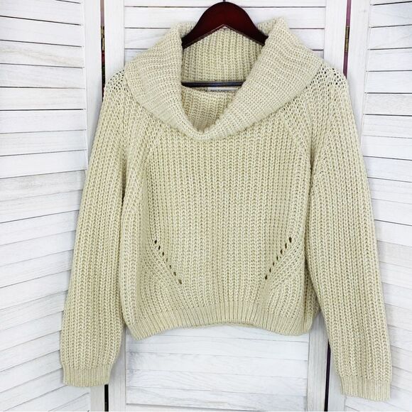Moon & Madison Waffle Knit Cowl Neck Crop Sweater Cream Beige Small Long Sleeve - Picture 7 of 11